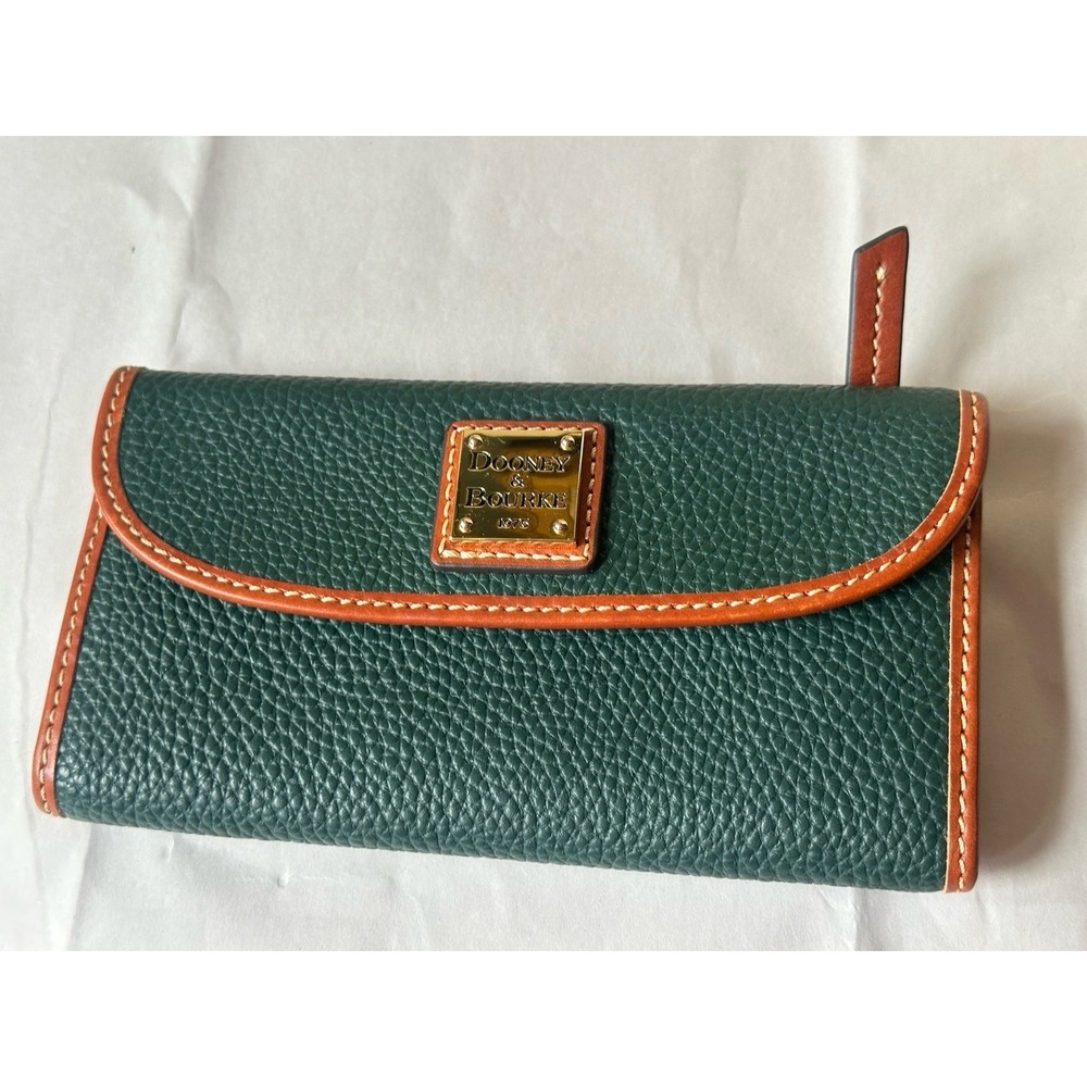 Dooney & Bourke Pebble Grain Leather Flap Wallet Continental Ivy Green Tan Trim